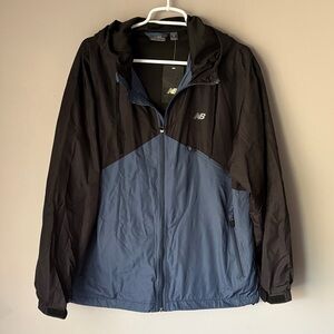 NWT NEW BALANCE Men’s Black/Blue Windbreaker Hooded Full Zip Insulated Jacket